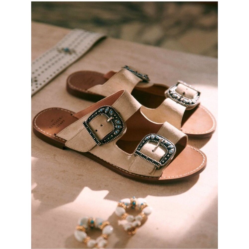 Sezane Jade low mules Beige Suede Buckle Slide Sandals Women’s 38/7 western READ